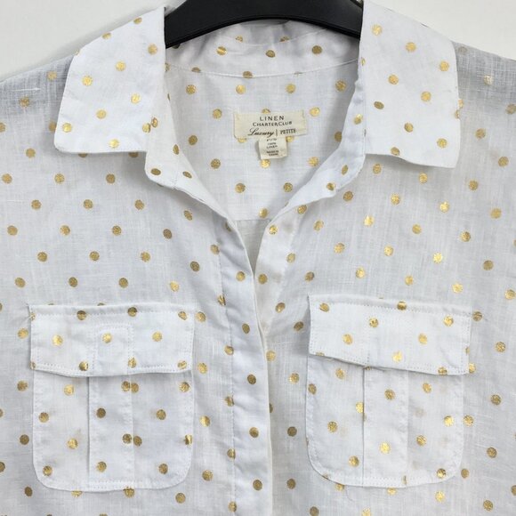Linen Charter Club Luxury Button Down Long Sleeve Gold Polka Dot Blouse Size SP - Picture 2 of 5
